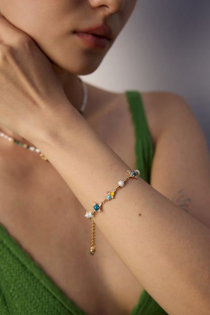 Pearl, Turquoise & Chalcedony Triplet Bracelet