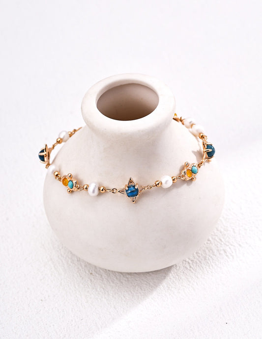 Pearl, Turquoise & Chalcedony Triplet Bracelet