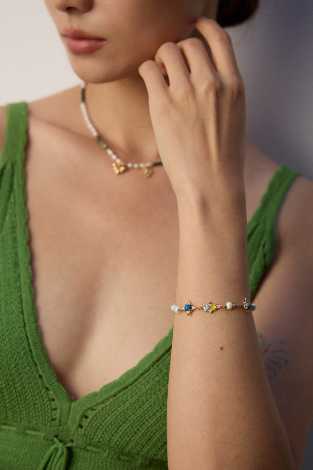 Pearl, Turquoise & Chalcedony Triplet Bracelet