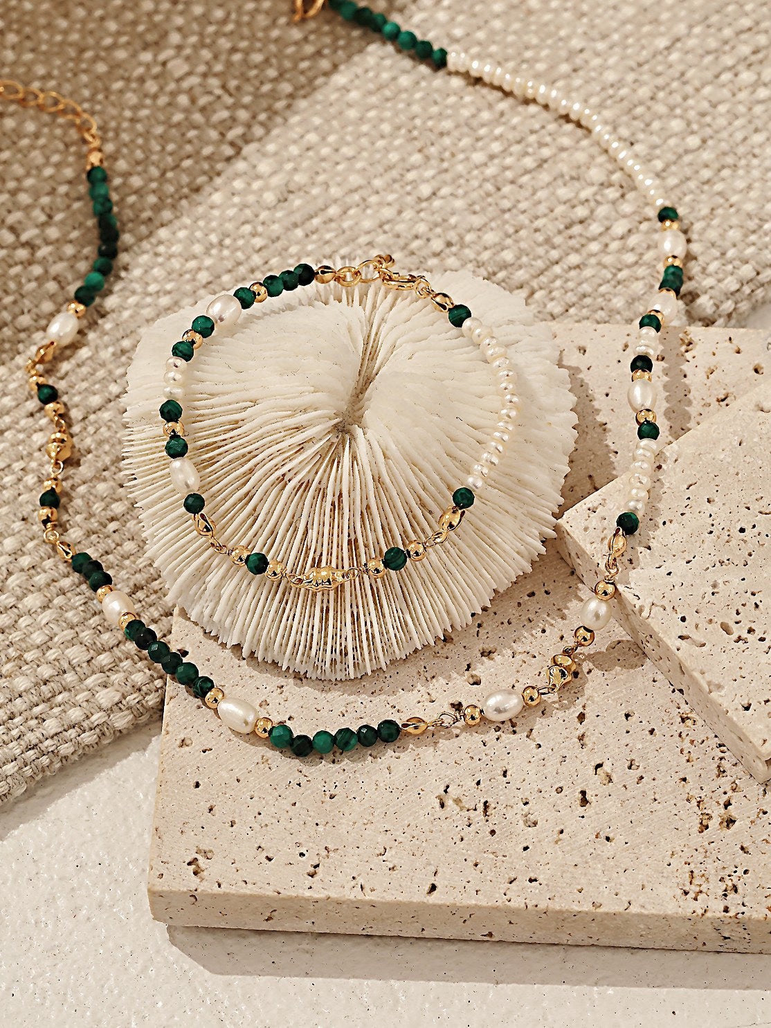 Charming Vintage Pearl & Malachite Bracelet / Necklace