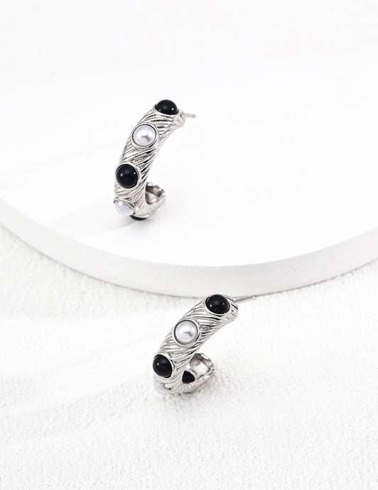 Pearl & Onyx Glam Hoop Earrings