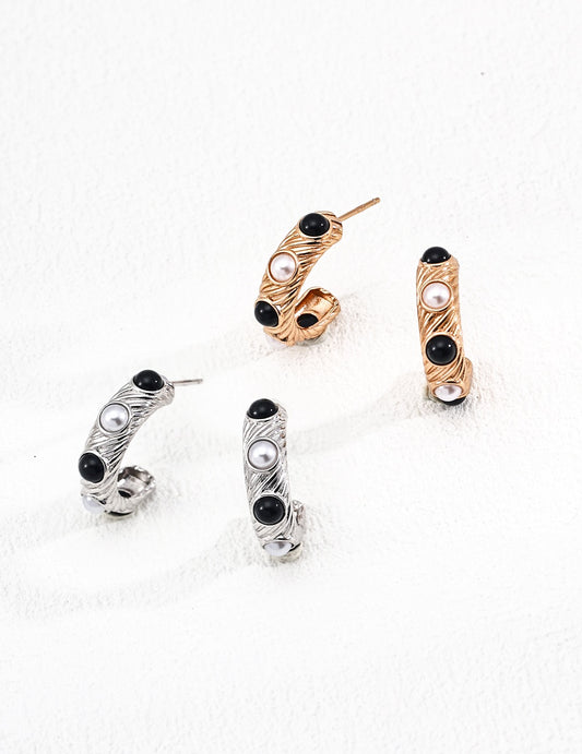 Pearl & Onyx Glam Hoop Earrings