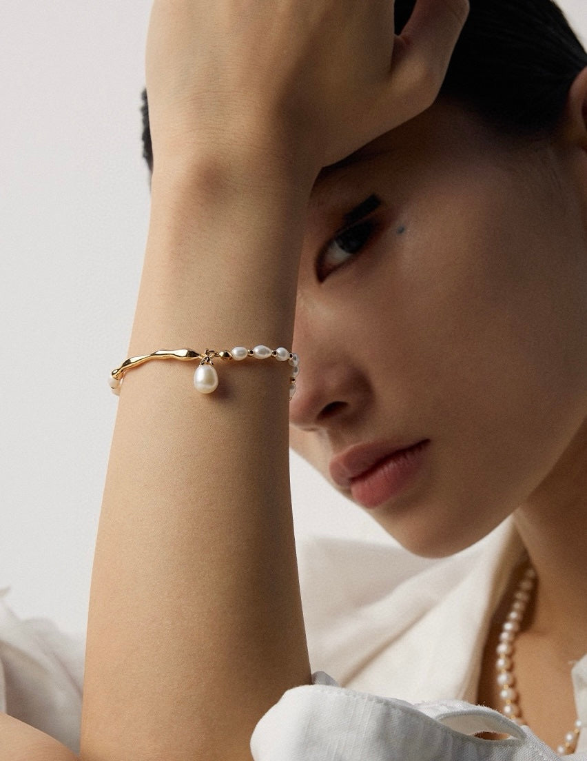 Sterling Sliver Artisanal Pearl Wave Bracelet