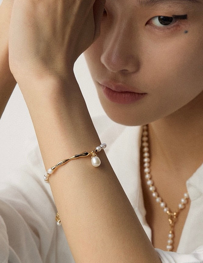 Sterling Sliver Artisanal Pearl Wave Bracelet