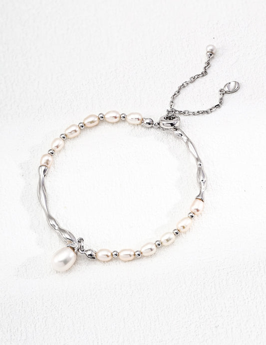 Sterling Sliver Artisanal Pearl Wave Bracelet